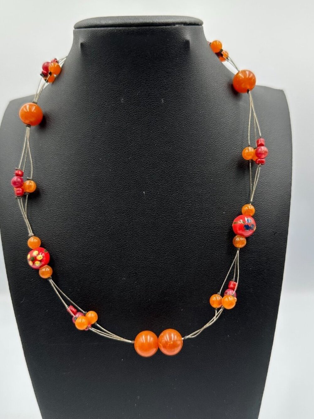 Robert Rose Beaded Necklace Women Bronze Tone Floating Orange Floral Wired 14.5"